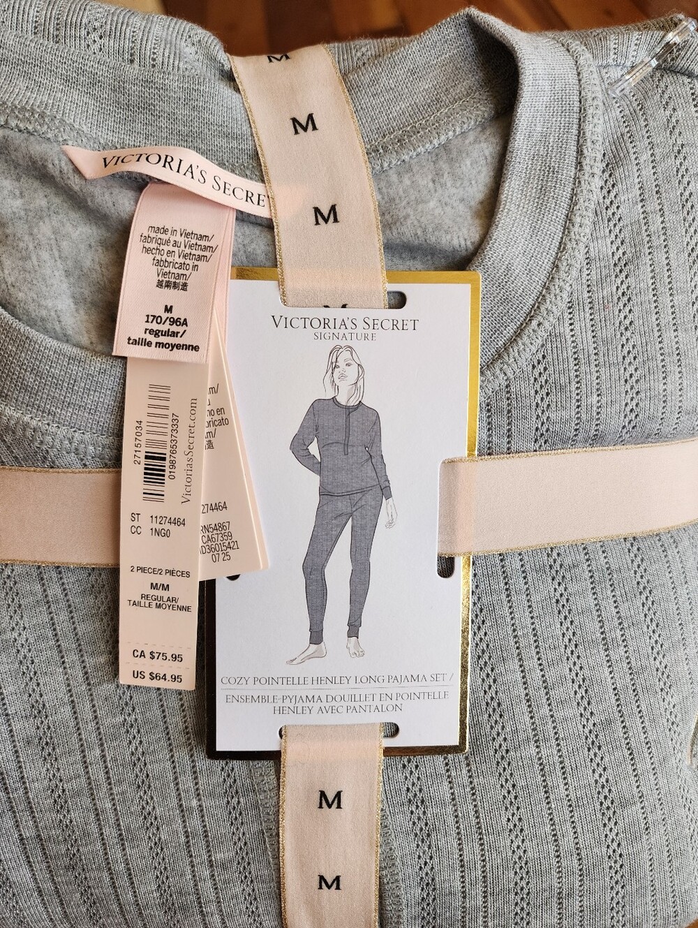 NWT Victoria’s Secret Signature Cozy Pointelle Henley Long Pajama Set Gray - M